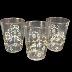 Decorative Vintage Glass Tumblers Set Of 3 With Gold & Floral Accents  MCM